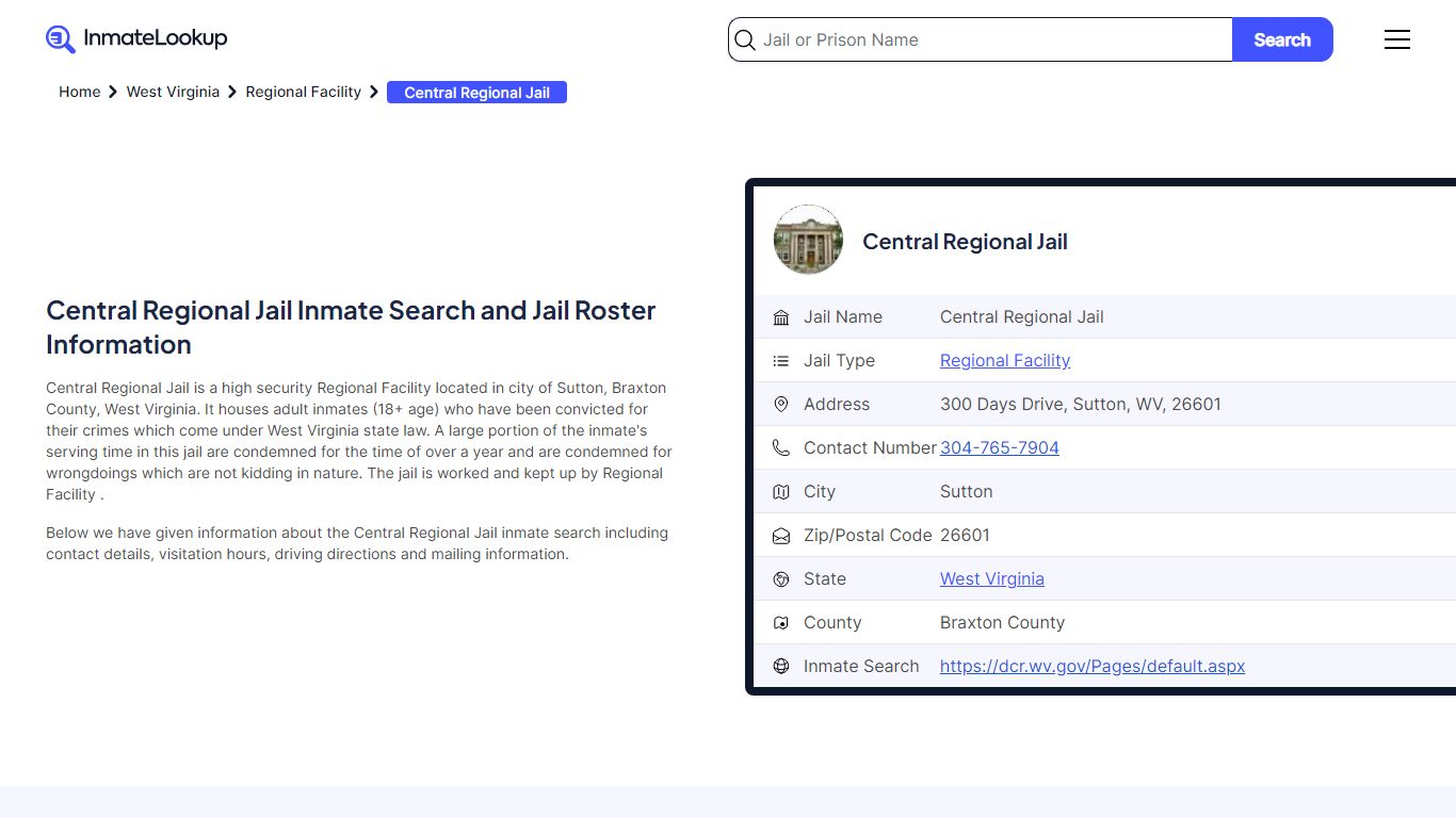 Central Regional Jail Inmate Search and Jail Roster Information